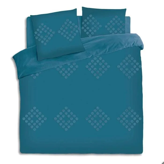 Parure de lit - Atmosphera - 2 Personnes - Coton lavé - Bleu Canard - Tufté Vert Canard-3