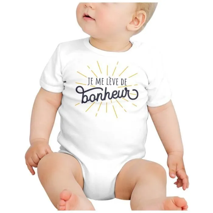 Body Bébé Manche Courte Blanc Je me Lève de Bonheur Humour Blague-1
