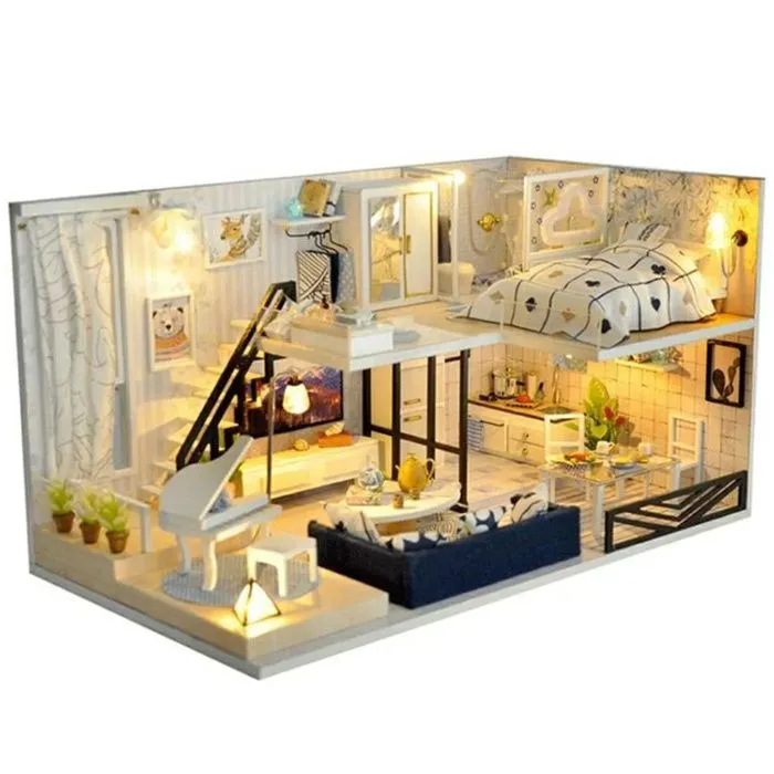 Maison de poupée - HTBE - Miniature LED - Bois plexiglas - À monter soi-même - 3 ans et plus-0