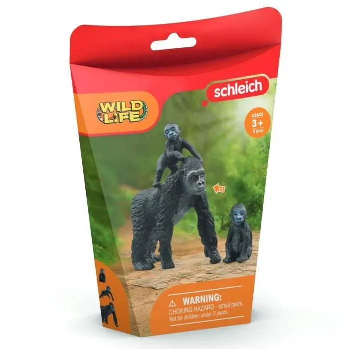 Figurine famille de Gorilles des Plaines, avec 1 maman gorille et ses 2 bébés, pour enfants dès 3 ans - Schleich 42601 Wild life-2