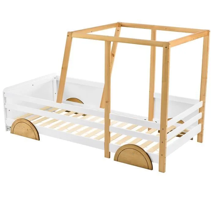 Lit enfant - DREAMMESPACE - Modèle Jeep - 90 x 200 cm - MDF et pin - Couleur Naturel + Blanc-2