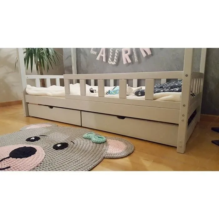 Lit Cabane - Oliveo - 200x120cm - Bois massif - Barrières amovibles - Style scandinave-1