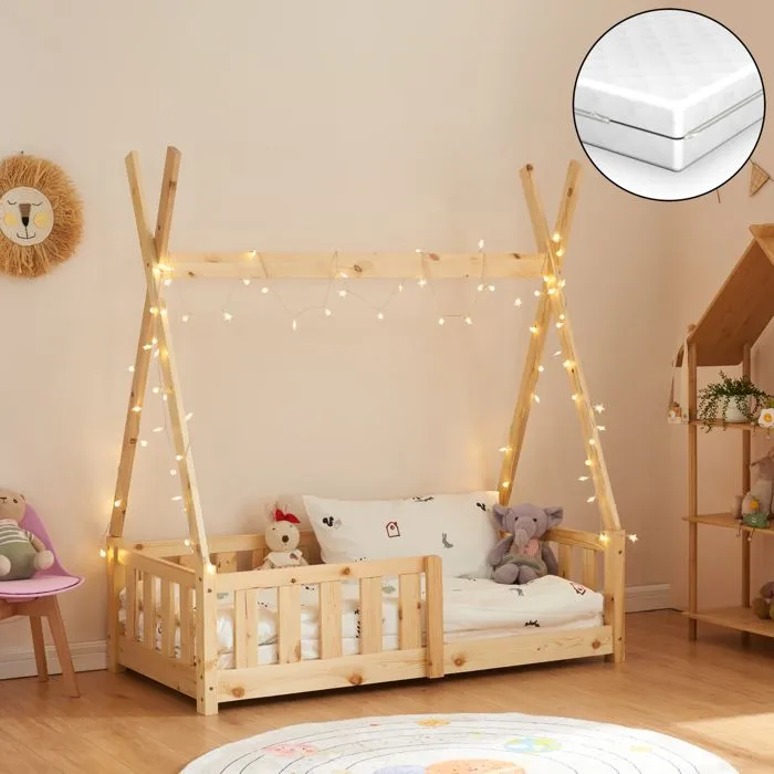 Lit Tipi avec Matelas Orthopédique Helsingborg naturel 140 x 70 cm-0