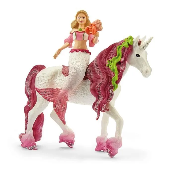 Figurine schleich Sirène Feya sur licorne de mer- Set de 3 Pièces - Figurines Poupée Princesse Scintillante et Licorne avec-0