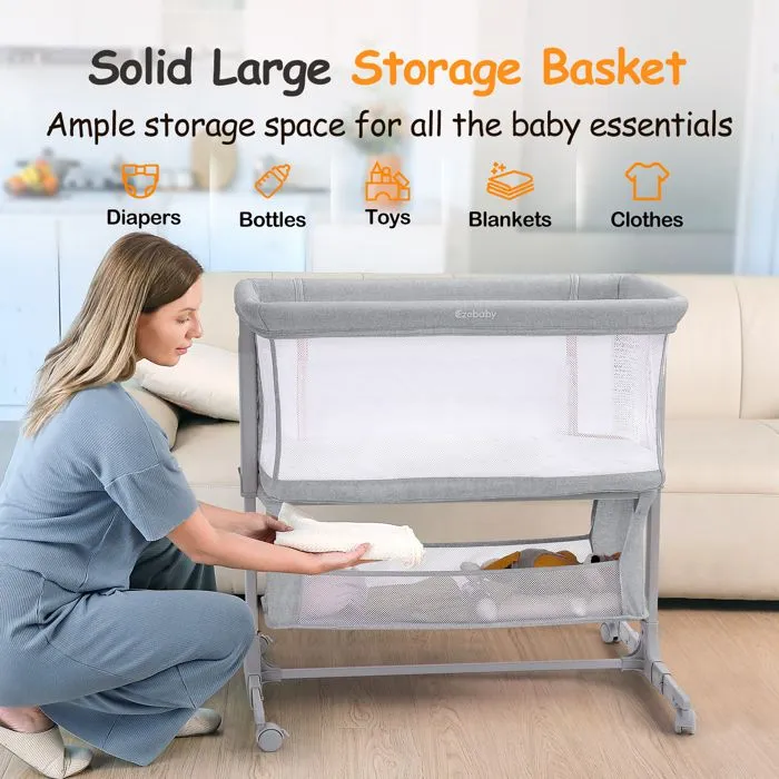 Lit Bébé Cododo 3 en 1, Lit Parapluie à 10 kg,Hauteur Réglable 7 Niveaux,avec Matelas, Côté Repliable,Maille Respirante, Gris clair-1