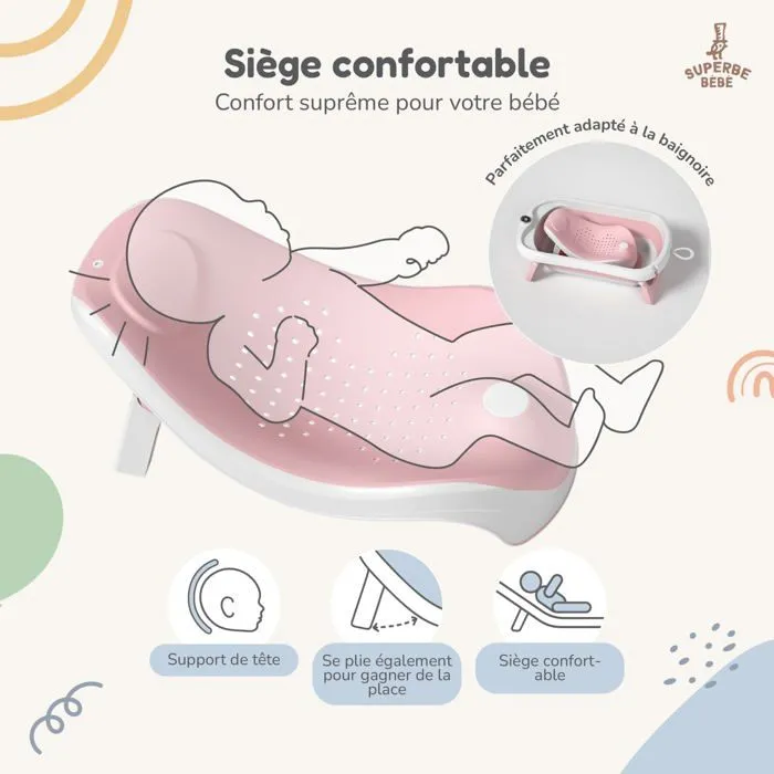 Baignoire bébé pliable - Thermomètre et transat inclus - LEAF - Pink | SUPERBE BEBE-3