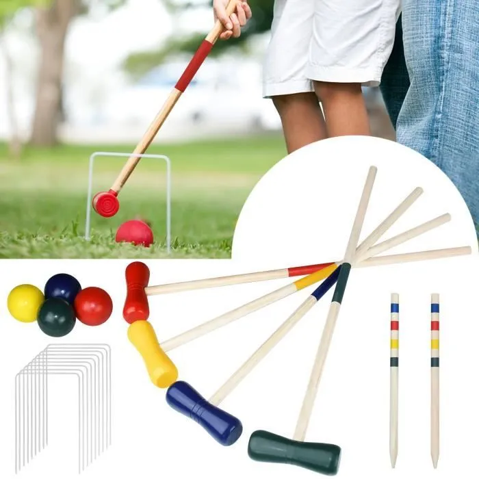 Ensemble de croquet - LZQ - 4 joueurs - Maillets en bois - Boules colorées - Facile à installer-0