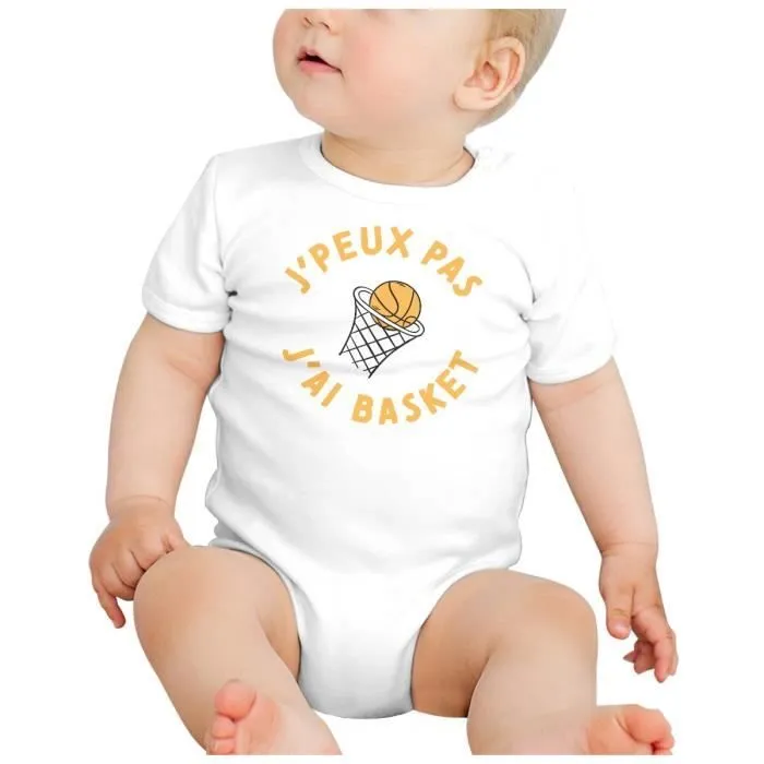 Body Bébé Manche Courte Blanc J'Peux Pas J'ai Basket Sport Basketball Panier-1