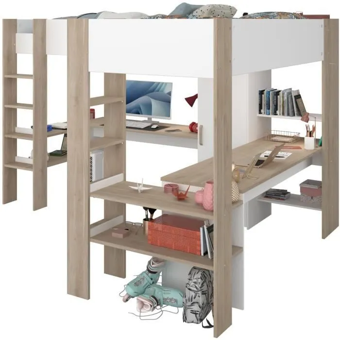 Lit double mezzanine combiné enfant ALEXANDRA avec 2 bureaux et rangements - 2x90x200 cm - Blanc/Chêne - Sommiers inclus - PARISOT-2