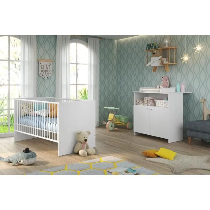 Chambre bébé Duo : Lit 70 x 140 cm + Commode à langer NIKO - Blanc - TREND TEAM-0
