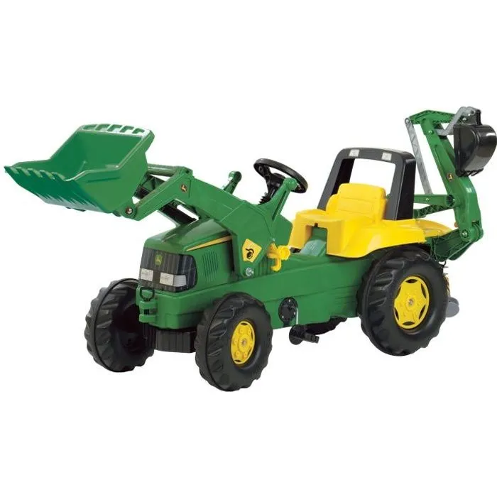 Tractopelle à pédales JOHN DEERE Rolly Junior - Chargeur frontal et pelleteuse fonctionnels - Vert/Orange-0