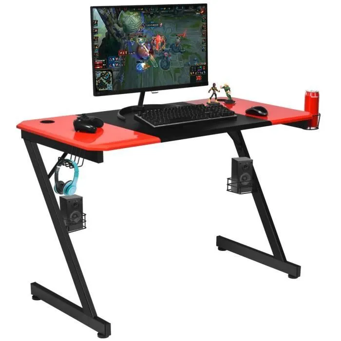 COSTWAY Bureau Gamer Bureau de Jeu 120X60X76CM en Fibre de Carbone avec Porte-gobelet,Crochet pour Ecouteurs et Supports Audio-0
