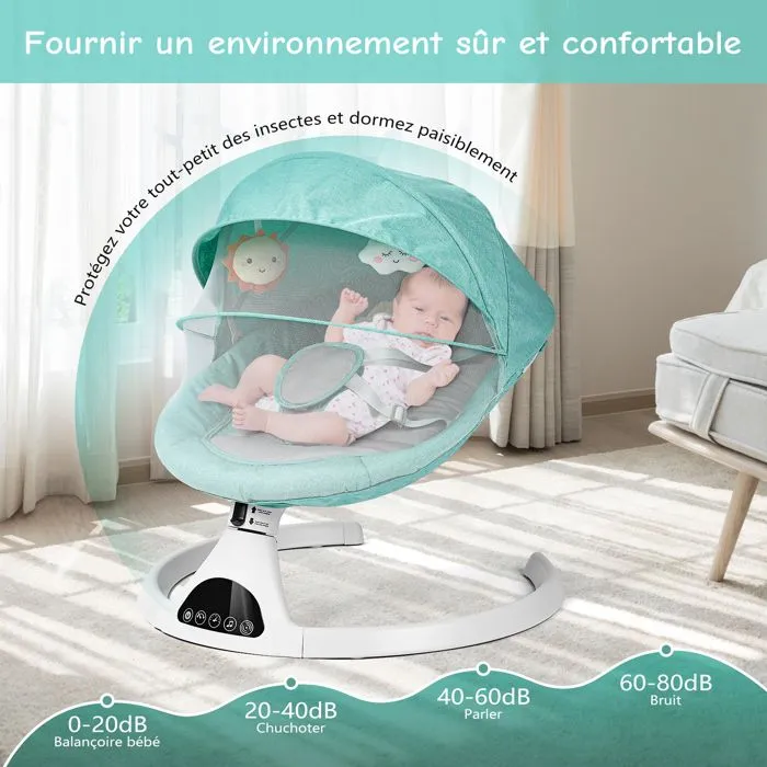 Transat Balancelle Électrique Bébé 0-12 mois jusqu'à 20KG, 5 Vitesses avec Coussin de Siège, Vert-2