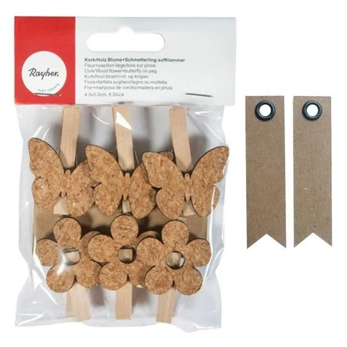 6 pinces à linge bois fleurs & papillons liège + 20 étiquettes kraft Fanion-0
