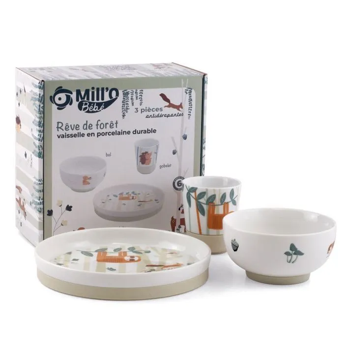 Set repas bébé en porcelaine, assiette compartimentée, Rêve de Forêt-0