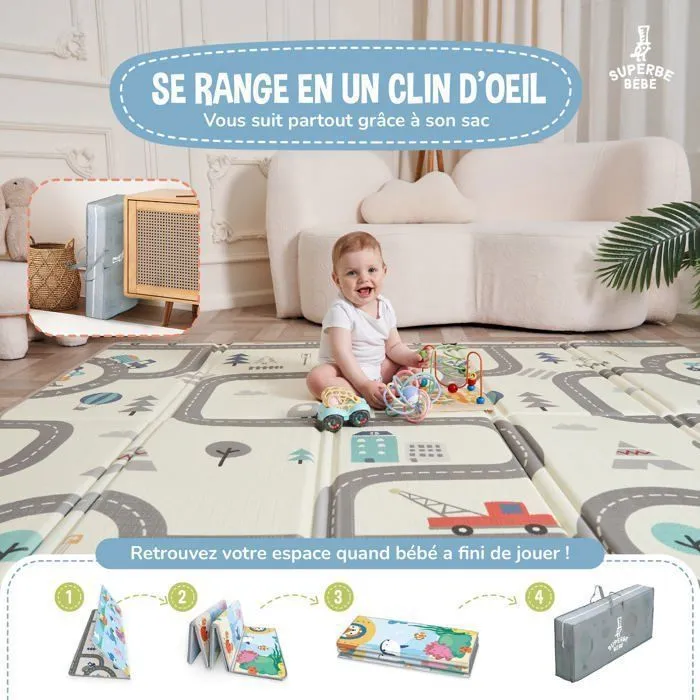 Tapis d'éveil pliable en mousse 180x150x1cm pour bébé et enfants | Tapis de jeu, de motricité épais et réversible | SUPERBE BEBE-2