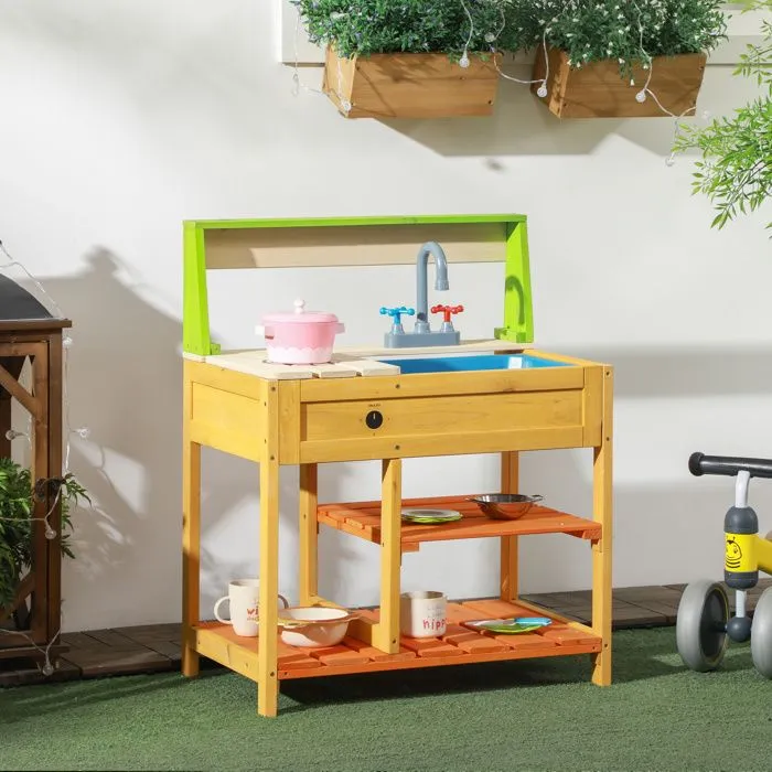 Cuisine extérieure - Outsunny - jeu d'imiation - avec étagères évier et robinet - convient aux enfants de 3 à 8 ans - multicolore-2