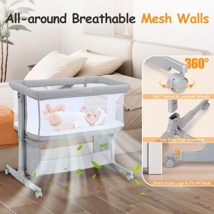 Lit Bébé Cododo 3 en 1, Lit Parapluie à 10 kg,Hauteur Réglable 7 Niveaux,avec Matelas, Côté Repliable,Maille Respirante, Gris clair-5