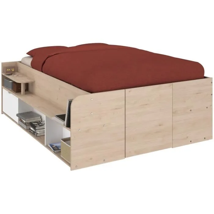 ODYSSEE Lit coffre adulte - 140x190/200 cm - Avec coffre relevable - Décor chêne et Blanc - 168,3x66,5x209,5 cm-5