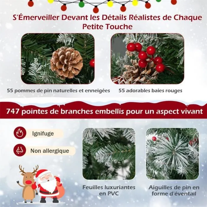 COSTWAY Sapin de Noël Artificiel 185cm avec 350 Lumières LED,11 Modes d'Eclairage 55 Pommes de Pin et 55 Baies Rouges 747 Branches-1