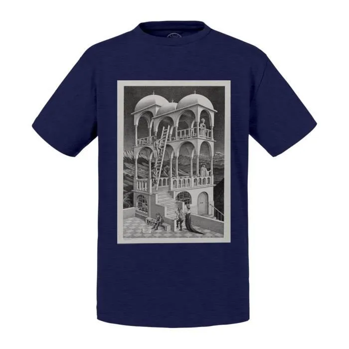 T-shirt Enfant Bleu Belvedere Escher Dessin Litographie Art Moderne Illusion-0