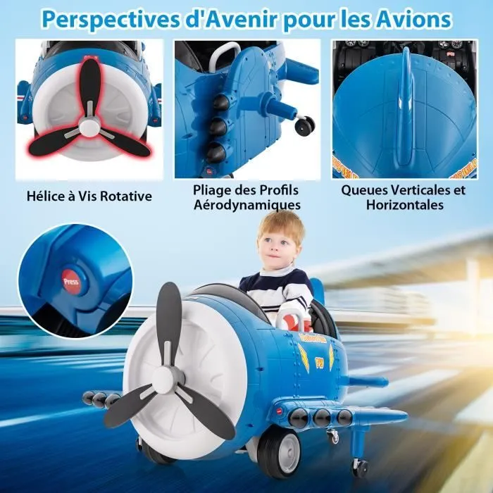 COSTWAY Avion Voiture Électrique Enfant avec Joysticks, Télécommande 2,4 G, Ailes Pliables et Hélice, Dérivable, 3 Ans+, Bleu-1