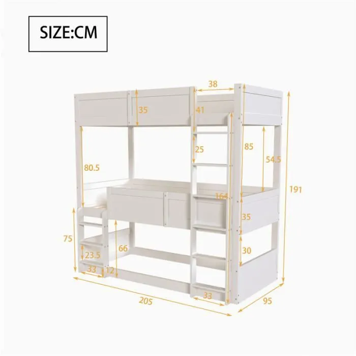 Lit superposé triple 90x200cm - MARQUE - Bois massif - 3 places - Design sécurisé - Blanc-3