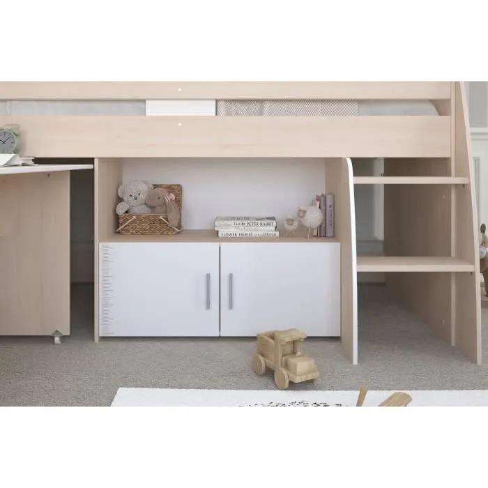 Lit combiné enfant Parisot ZOLA 90x200 cm - 2 portes - Avec bureau - Décor acacia clair et blanc-3