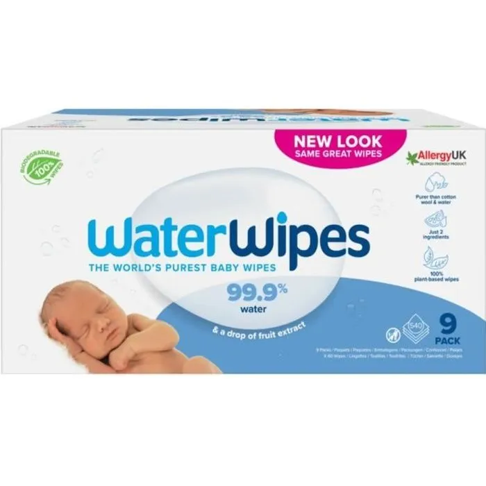 Lingettes WATERWIPES - WATERWIPES - Pack super économique - 9x60 lingettes - Hypoallergéniques - Testées-0