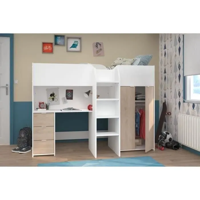 Lit combiné mezzanine enfant - TOM - Blanc et chêne - Armoire, bureau et sommier inclus-1