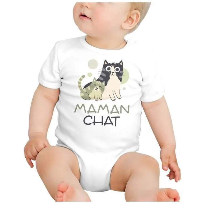 Body Bébé Manche Courte Blanc Maman Chat et son Chaton Dessin Illustration Bebe-1