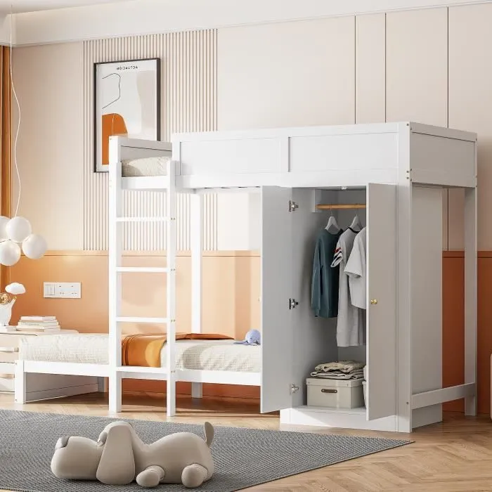 Lit superposé - Enfant - 90x200 cm - Blanc - Armoire intégrée - Escaliers de sécurité-0