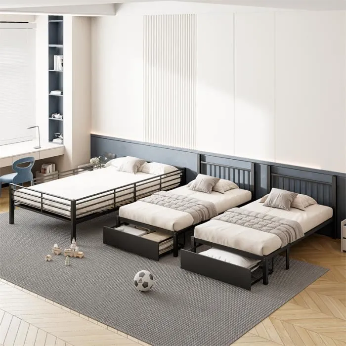 Lit superposé triple - Métal - 140x200cm et 90x200cm - Noir - 2 tiroirs - Sommier inclus-2