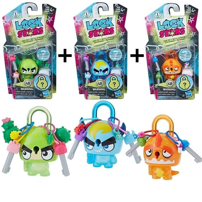 LOCK STARS Série 1 - Multi Pack Cadenas : Orange Dinosaur + Blue Horned Mon + Cactus - Mini Figurines à collectionner-0