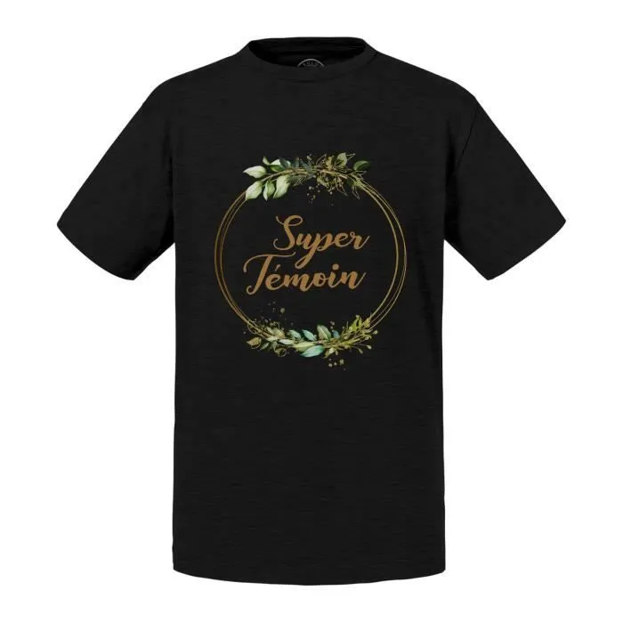 T-shirt Enfant Noir Super Témoin Mariage Fiancée Noces Cercle Fleurs-0