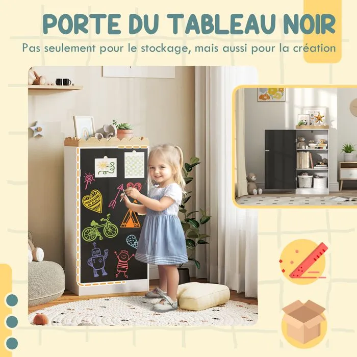 Meuble rangement enfant AIYAPLAY rangement jouet enfant avec porte en tableau noir, 3 casiers et plateau supérieur, blanc-4