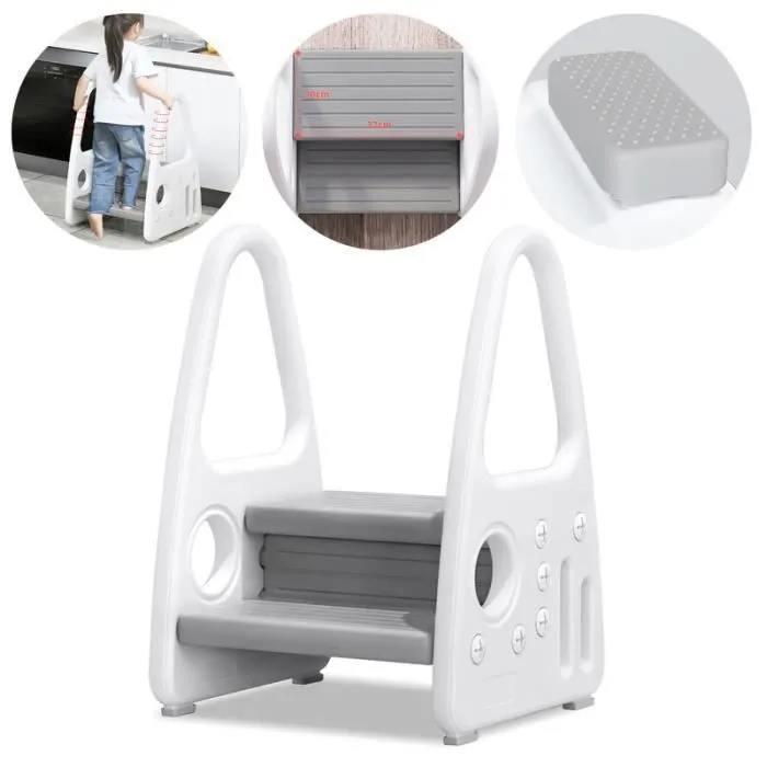 YUENFONG Marchepied pour Enfants - 2 marches - Escabeau Pliable En plastique - Pour la cuisine et la salle de bain - Gris-0