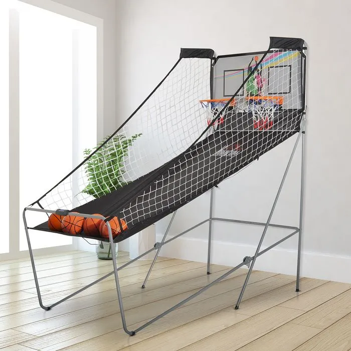 Panier de Basket pliable - HOMCOM - 8 modes - double panier compteur électronique - 4 ballons et pompe - acier noir et blanc-2