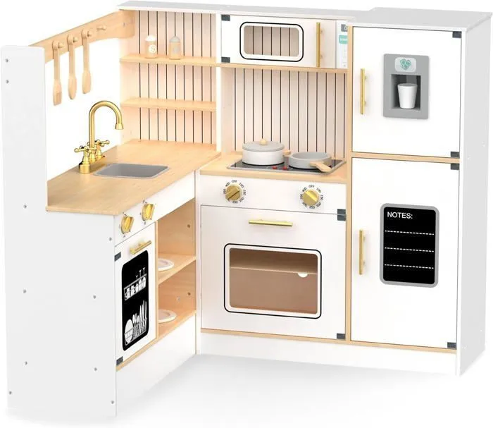Cuisine Enfant +3ans Bois Mamabrum - Interactive, Cuisine Angle, Dinette, Lave-linge, Four, Lave-vaisselle, Hotte, Plaque, Blanche-3