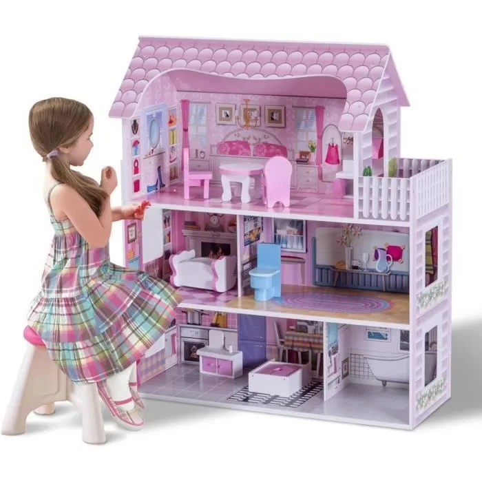 COSTWAY Maison de Poupée en Bois - 13 Accessoires à 3 Etages 61 x 26,5 x 71 CM Cadeaux pour Enfants 3 Ans+ Rose.-0
