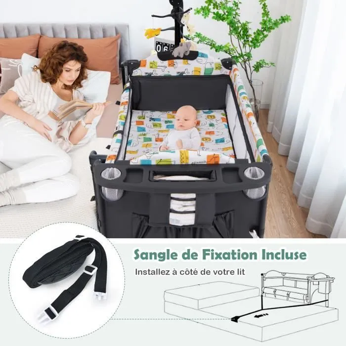 COSTWAY Lit Parapluie Bébé avec Matelas Pliant 5 en 1-Table à Langer,Boîte à Musique-3 Jouets-4 Hauteurs d'Accoudoir Réglables-Gris-2