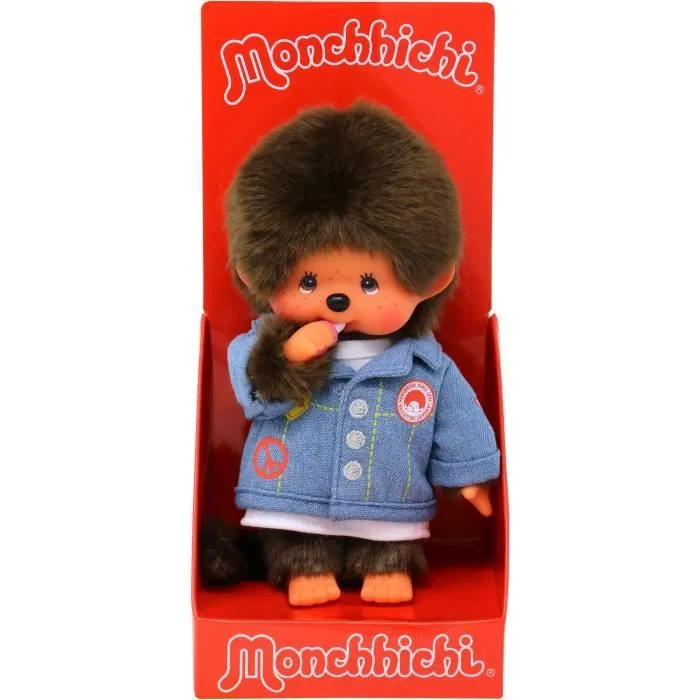 Bandai - Monchhichi - Peluche Monchhichi veste en jean - Peluche toute douce 20 cm pour enfants et adultes - SE23396-3