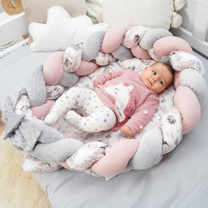 Reducteur de lit bébé nid de nouveau-né bébé - nid câlin avec coussin en queue de cochon ensemble démonté 75x45 cm, rose sauvage-3