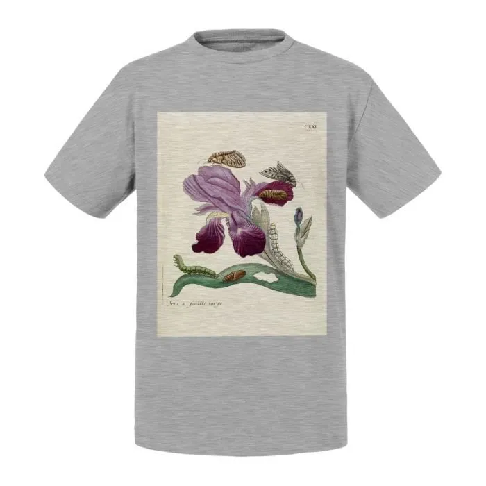 T-shirt Enfant Gris Iris Papillons Chenilles Planche Illustration Botanique Ancienne Fleurs-0