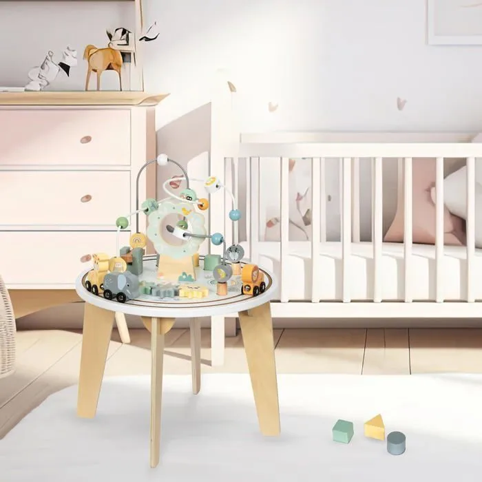 Table d'Activité Bébé Mamabrum, Jouet Éducatif en bois Labyrinthe, Circuit avec Animaux sur des roues, Engrenage, Trieur de formes-1