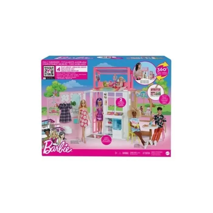Barbie Coffret Maison De Poupée Meublée, 360 Degrés, 2 Niveaux Et 4 Zones De Jeu, Chiot Et Accessoires Inclus, de 3 à 7 Ans, HCD47-0