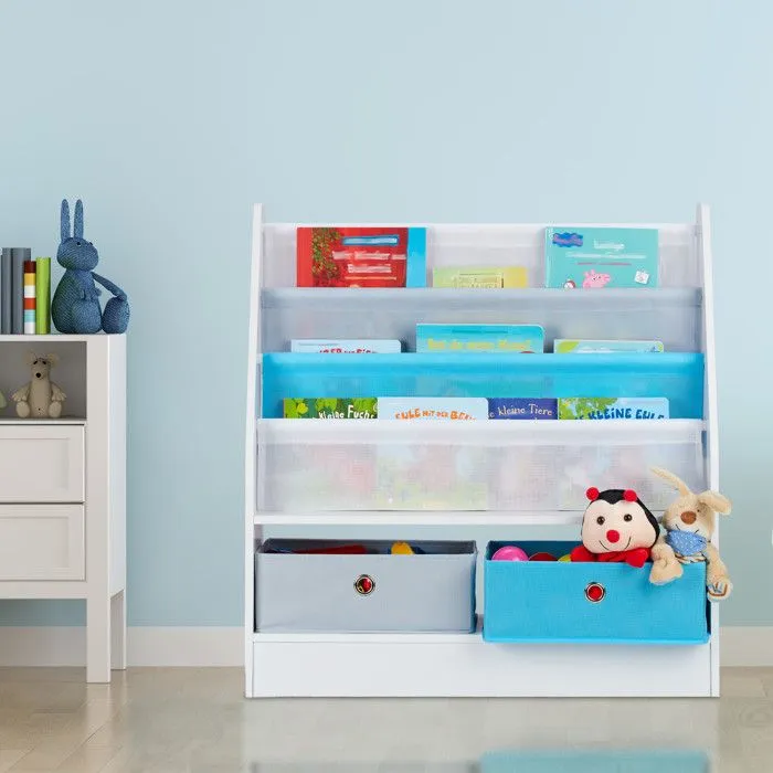 Relaxdays Etagère enfants, motif animaux, 2 boîtes, 2 compartiments, rangement jouets, bibliothèque 74x71x23 , coloré-1