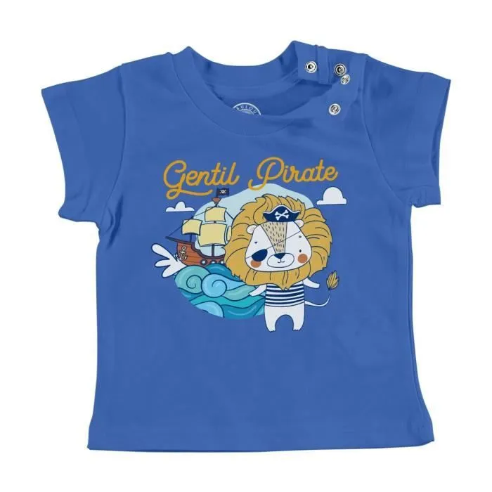 T-shirt Bébé Manche Courte Bleu Lion Gentil Pirate Dessin Illustration Capitaine-0