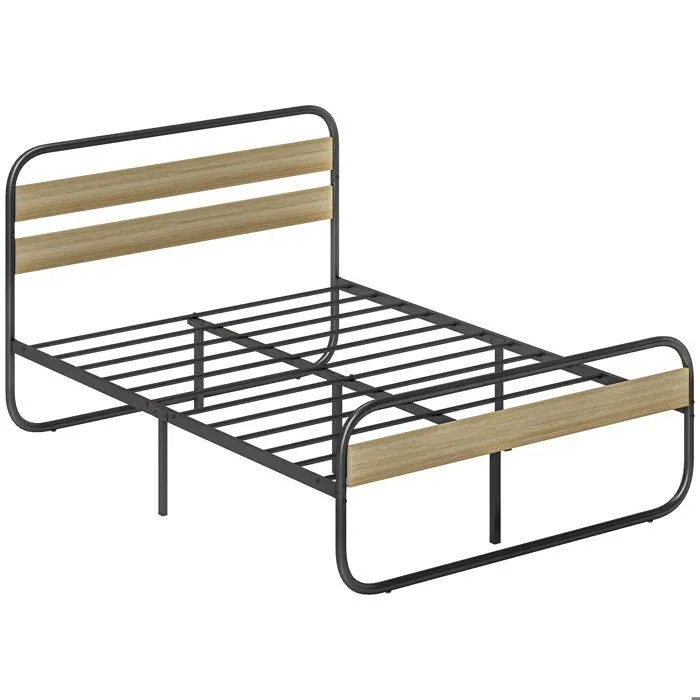 Lit double 140 x 190 cm - HOMCOM - cadre de lit en acier - style industriel - tête de lit et sommier inclus - aspect bois-0