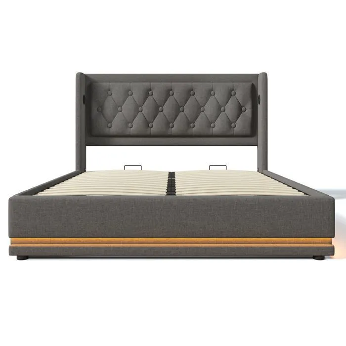 Lit coffre - MARQUE - 140x200 cm - Tissu coton - Ports USB et Type-C - LED multicolore-1